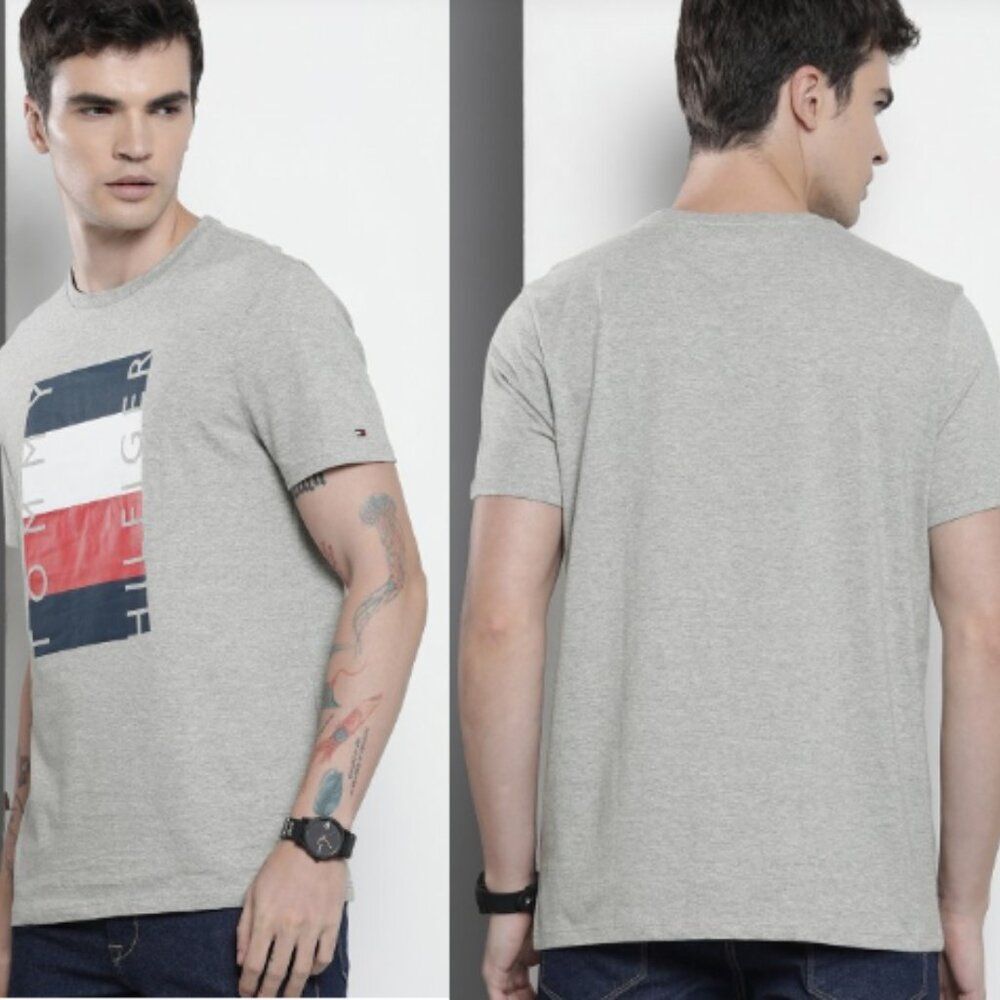 Tommy Hilfiger Graphic Flag Logo Short Sleeve T-Shirt Gray Men's Size L Casual